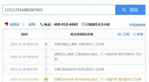 最新快递信息: 2015-11-20   :  :40         运单已从杭州市 杭州