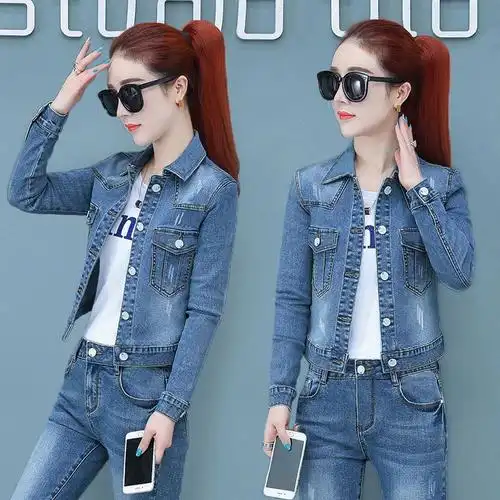 牛仔外套女春夏季蝴蝶印花牛仔衣弹力修身破洞流苏长袖上衣夹克潮