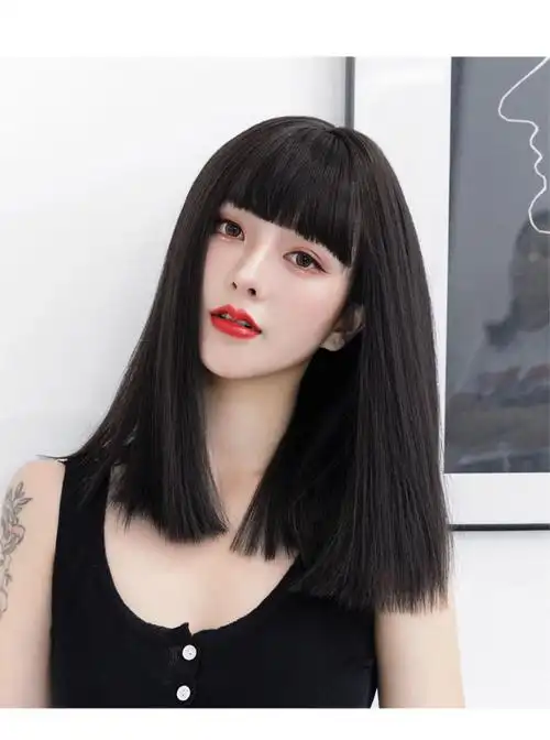 假发套女中长直发全头逼真网红时尚锁骨发学生圆脸整顶头套齐刘海 棕