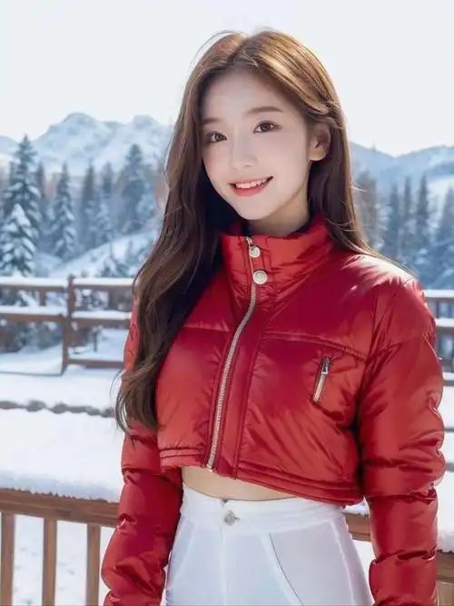 美女雪地中的红与白甜美笑容温暖整个冬季青春活力与时尚穿搭的完美