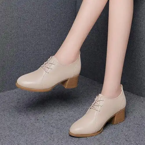 新款中年妈2022真皮单鞋女鞋子深口粗跟高跟鞋女秋季中跟女士皮鞋