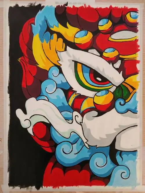 醒狮中国风主题手绘丙烯临摹