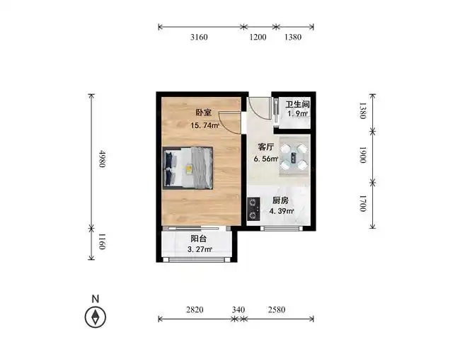 开阳里一区1室1厅户型图