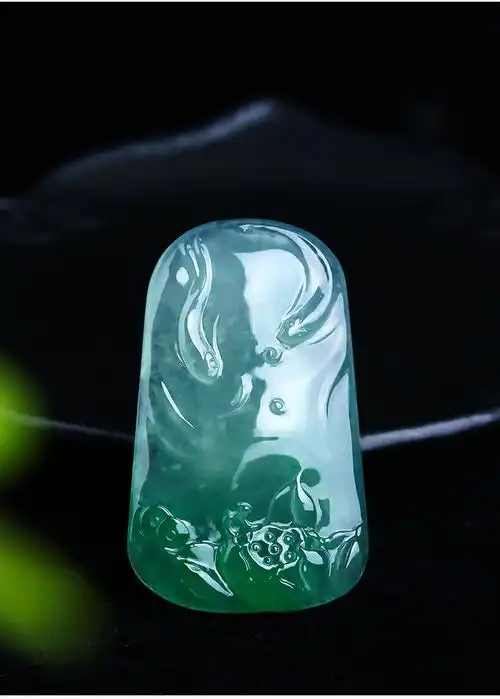 百博翡翠莲花牌吊坠冰晴飘阳绿荷花鱼牌玉坠天然缅甸玉石a货挂件oy10