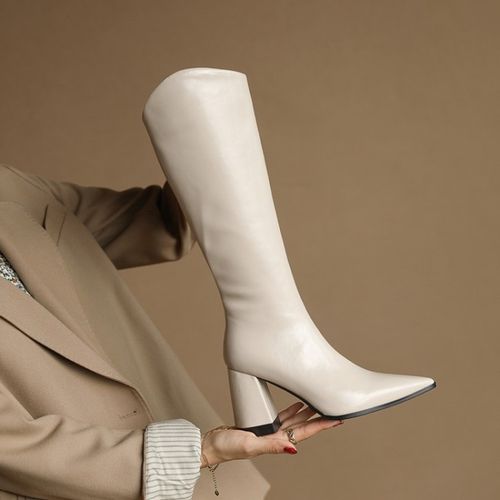 大骞油牛皮高跟长靴女不过膝尖头粗跟高筒靴斜口显瘦骑士靴真皮长筒靴