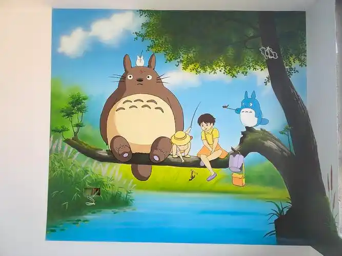 卡通画宫崎骏墙绘国画山水山清水秀圆形山水仕女图荷花