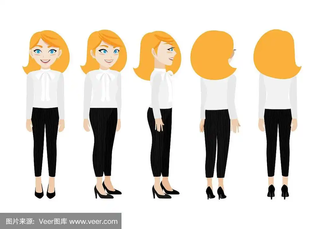 卡通人物与商业女性.正面,侧面,背面,3-4视图动画角色.平面向量插图.
