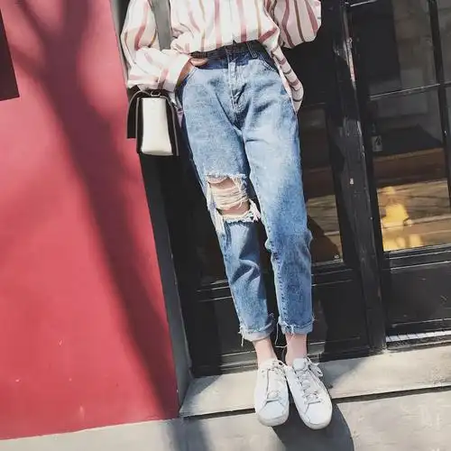2018春装新款烂破洞牛仔裤女宽松九分裤显瘦chic高腰直筒小脚裤子
