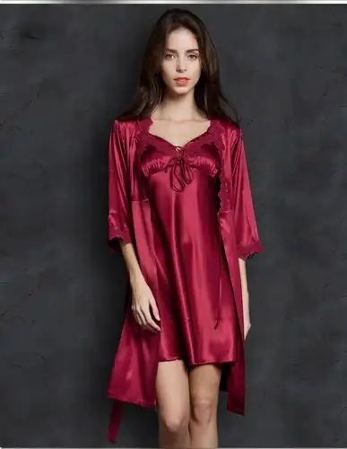 【天资国色】春秋冰丝睡衣女春夏真袍两件套大码丝绸蕾丝薄款吊带睡裙