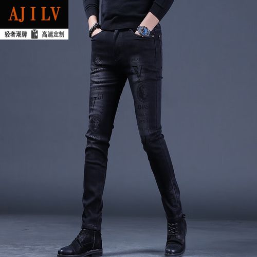 ajilv品牌轻奢男装欧洲站高端潮牌印花牛仔裤男秋冬加绒保暖弹力休闲