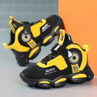 ayfk篮球鞋秋冬皮面男童小学生磨防滑运动鞋黑黄30