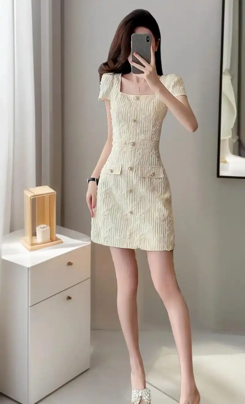 法式小香风方领短袖连衣裙女夏新款,高级感十足,小个子穿起来显瘦减龄