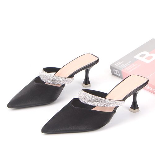 魅力无限美~~穿出女人味性感尖头水钻条半包鞋绸缎细跟高跟鞋凉拖