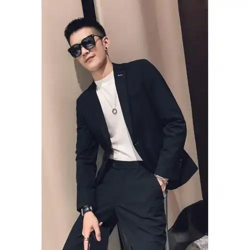 夏季痞帅西服修身韩版潮流帅气精神社会休闲雅痞西装男套装英伦风时尚