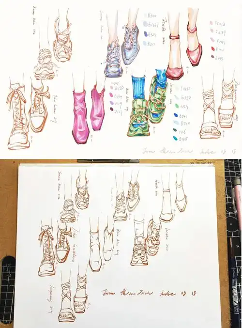 服装画鞋子课堂示范走姿鞋子正面