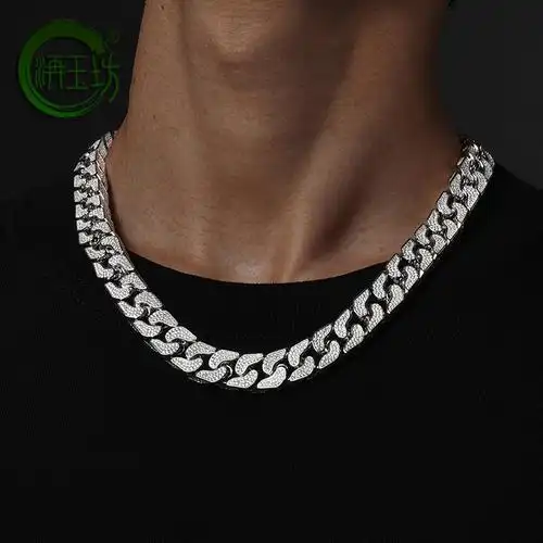 洅玉坊925纯银满钻古巴项链男士嘻哈奢侈品小众闪耀宽链条粗款