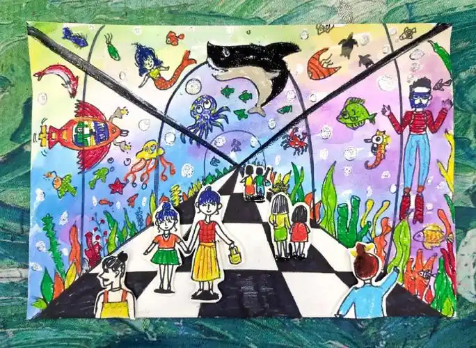 儿童画海洋馆一点透视