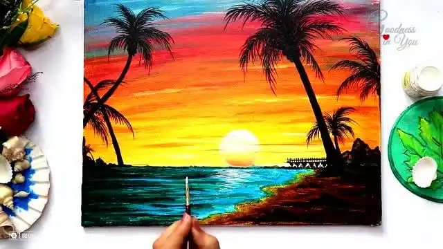 丙烯|水粉画唯美的海边落日.
