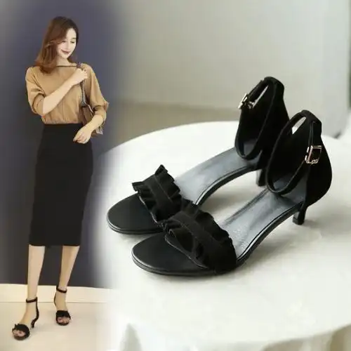 格瑞迪欧一字扣带凉鞋女4cm细跟中跟仙女高跟鞋韩版百搭女鞋2018夏季