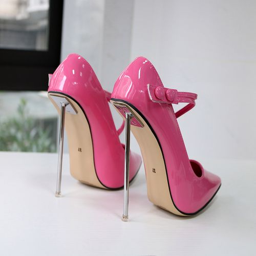 钢跟 极细跟一字带浅口高跟鞋粉红色漆皮 恨天高性感情趣13cm大码