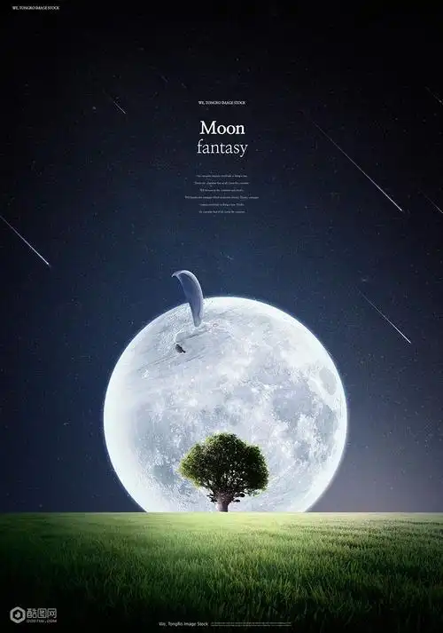 星夜空超级明月大树草地星空创意海报