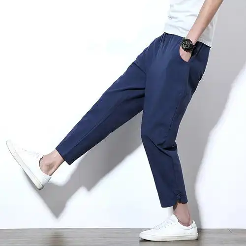 夏季中国风亚麻休闲裤男士加肥加大码九分裤修身哈伦裤潮流男裤子