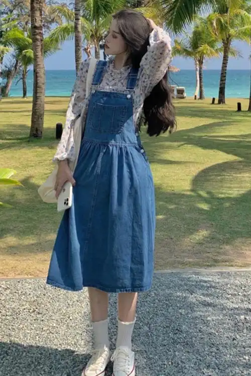 韩版高腰牛仔背带裙连衣裙长裙减龄少女背带长连衣裙