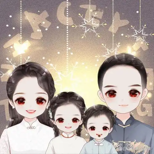 可爱卡通头像,一家四口手绘漫画全家福,简单的幸福更特别