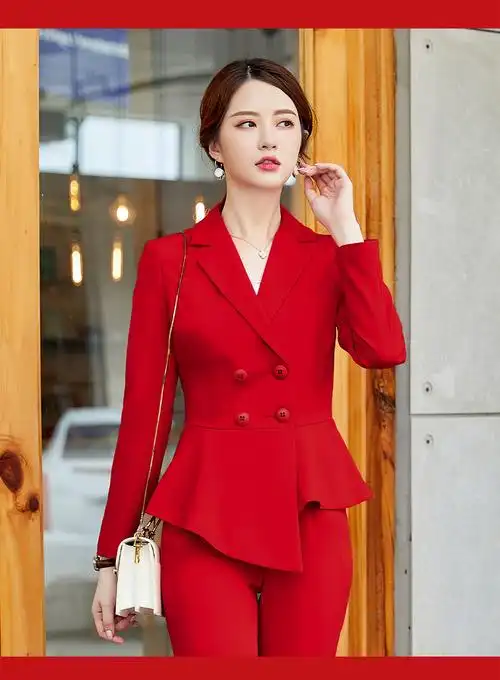 2020秋冬新款时尚红色西服套装女气质职业装前台工装美容师工作服