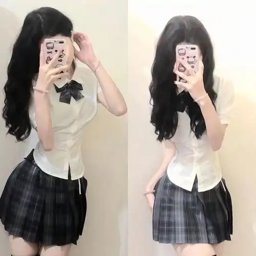 jk制服衬衫套装原创格裙学院风纯欲风甜辣女学生百褶裙收腰衬衣-阿里