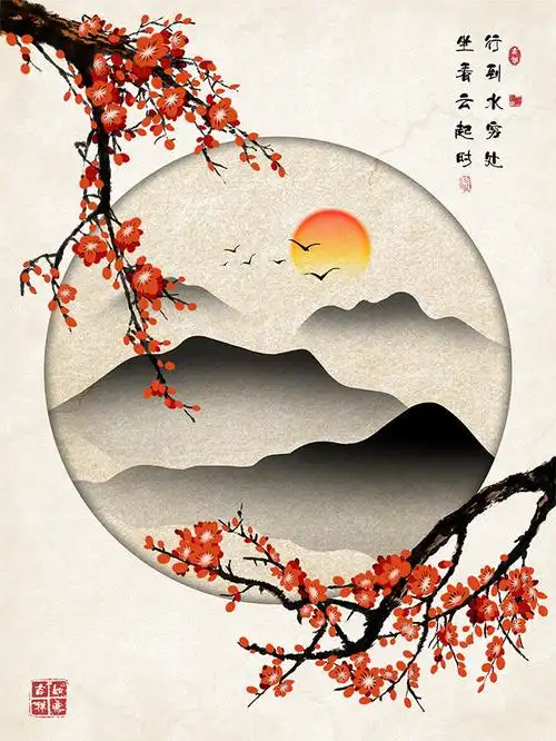 新中式水墨山水梅花客厅挂画