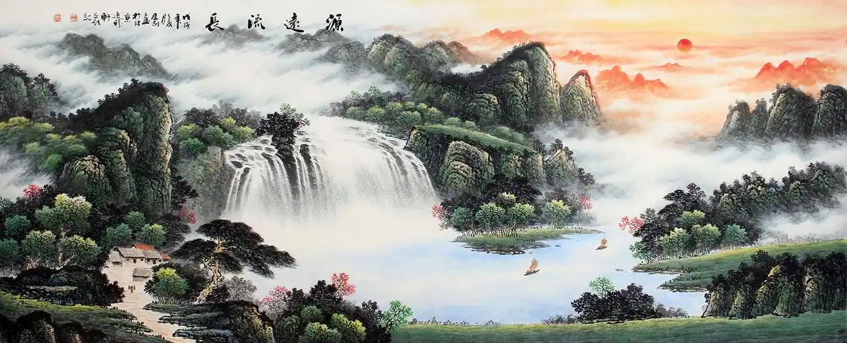 旺财风水画陈厚刚流水生财聚宝盆源远流长