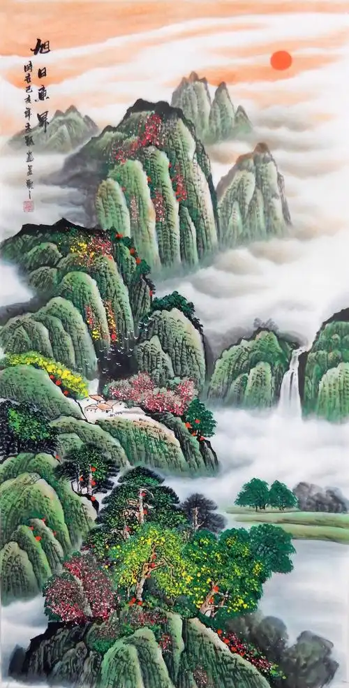 四尺靠山风水装饰玄关中堂竖幅手绘山水画招财国画