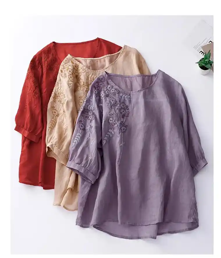 净色民族风大码女装棉麻刺绣套头宽松t恤上.40 或将近40的 - 抖音