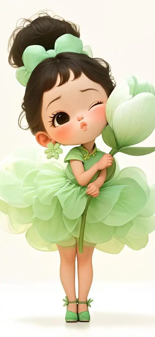 绿色小清新甜美郁金香嘟嘴女孩 可爱3d少女壁纸#手机壁纸