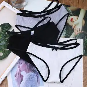 3条系带内裤女纯棉抗菌中低腰性惑憾细带白色三角内裤女夏季薄款