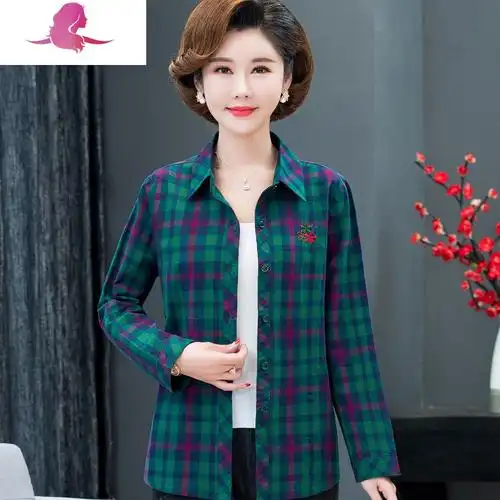 艳如飞中老年女装棉格子衬衫女上衣春秋棉长袖中年妈妈老年人衬衣衬衫