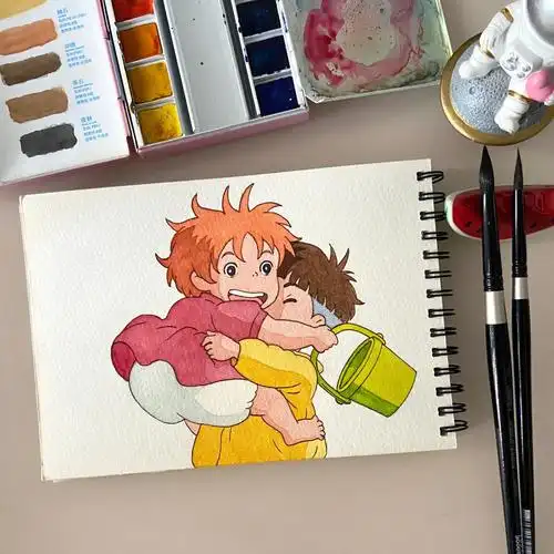 宫崎骏动漫水彩波妞宗介线稿