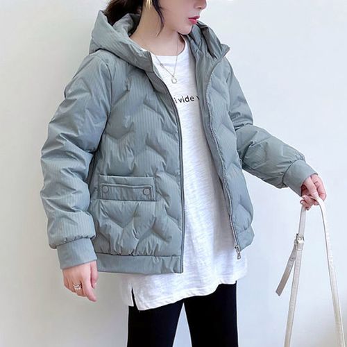 欧路y88258冬女90羽绒服厚纯色竖条o型压花亮光短款小个连帽粉蓝