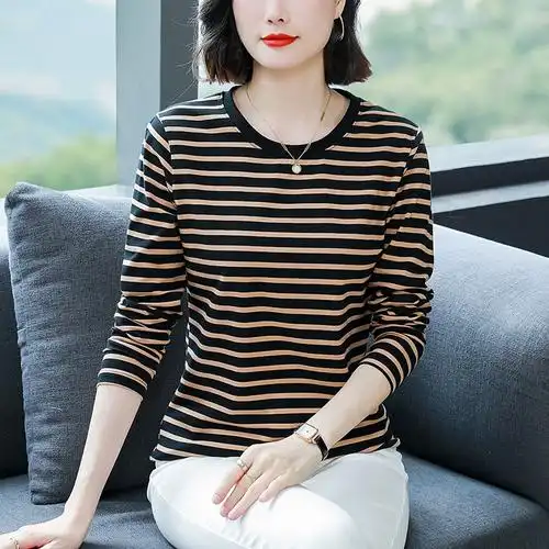 显瘦上衣 条纹圆领打底衫 中年妈妈宽松大码 纯棉长袖 - 女装/女士