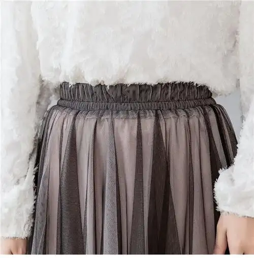 纱纱裙春夏超仙的撞色中长款a字蓬蓬半身裙纱纱裙森系ins网纱裙灰粉色