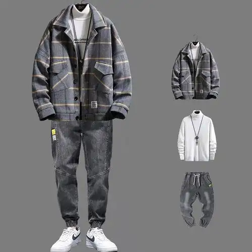 秋冬新款牛仔外套男士加绒外套男冬季新款休闲套装潮流男装一套搭配痞