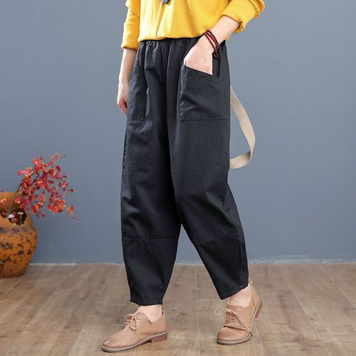 萝卜裤女棉麻哈伦裤文艺范休闲松紧腰九分裤秋季宽松灯笼裤女裤