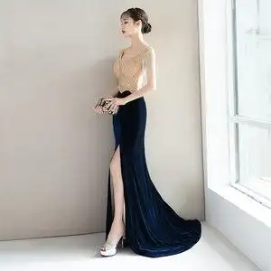 2020新款丝绒气场女王气质高端大气性感时尚主持人长裙宴会晚礼服