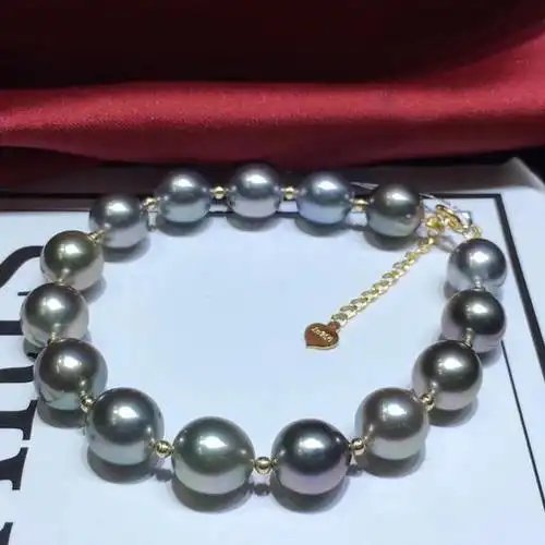 18k金纯天然大溪地黑珍珠手链15颗89mm近圆强光细皮微瑕高级色感时尚