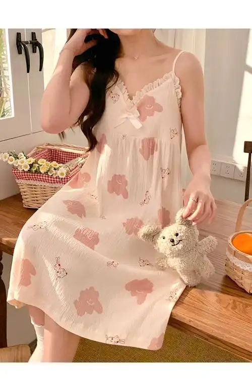 (带胸垫)日系甜美睡衣裙女夏季天梭织泡泡皱布甜美家居服中长款 - 17
