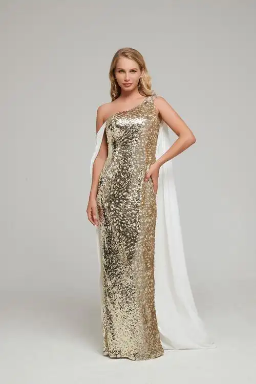 2019新款亮片礼服裙 斜肩吊带钉珠镶钻金色高贵晚礼服女 纯白拖尾