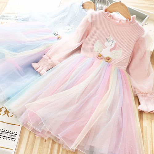 女童公主裙20冬季新款针织彩虹网纱拼接裙亮片卡通小马儿童裙子