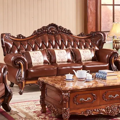 欧式真皮沙发美式实木木雕花头牛皮高档别墅奢华皮艺沙发