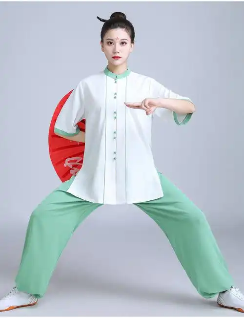 山人运动太极服女新款夏装短袖武术服练功服中老年太极拳服装浅绿色l